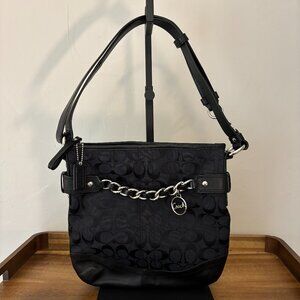 Coach Black Signature Jacquard Black Leather Chain Duffle Shoulder